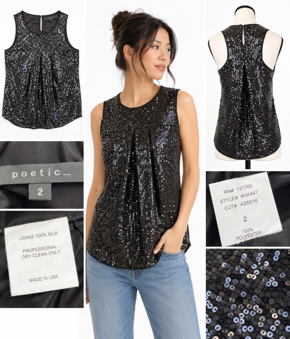 Y2K Indie Sleaze 2000s NYE Poleci Sequin Racerback Tank Top Size 2 Black Sparkle